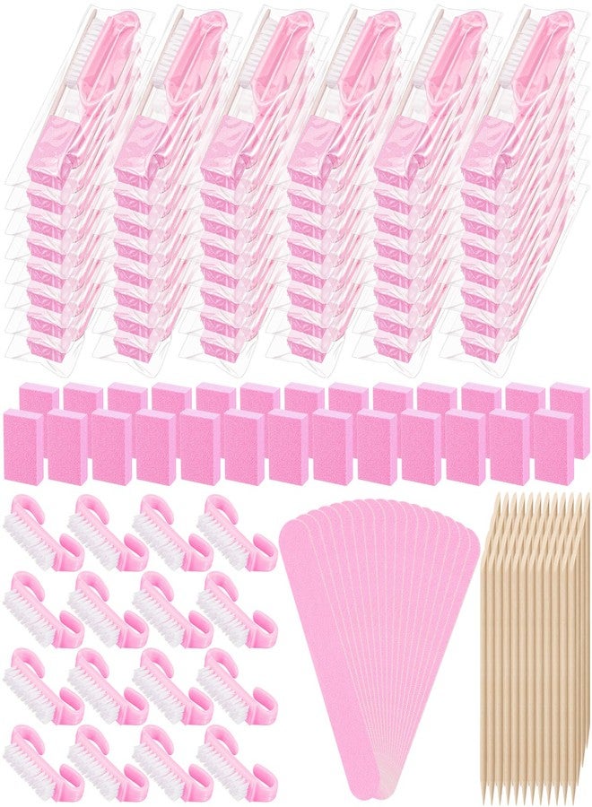 Leriton 100 Sets Professional Disposable Manicure Kit Basics 4 Piece Nail Kit Wood Nail File 100/180 Grit, Mini Buffer 80/100 Grit, Wood Stick and Handle Grip Brush Gifts(Pink) - Image 1